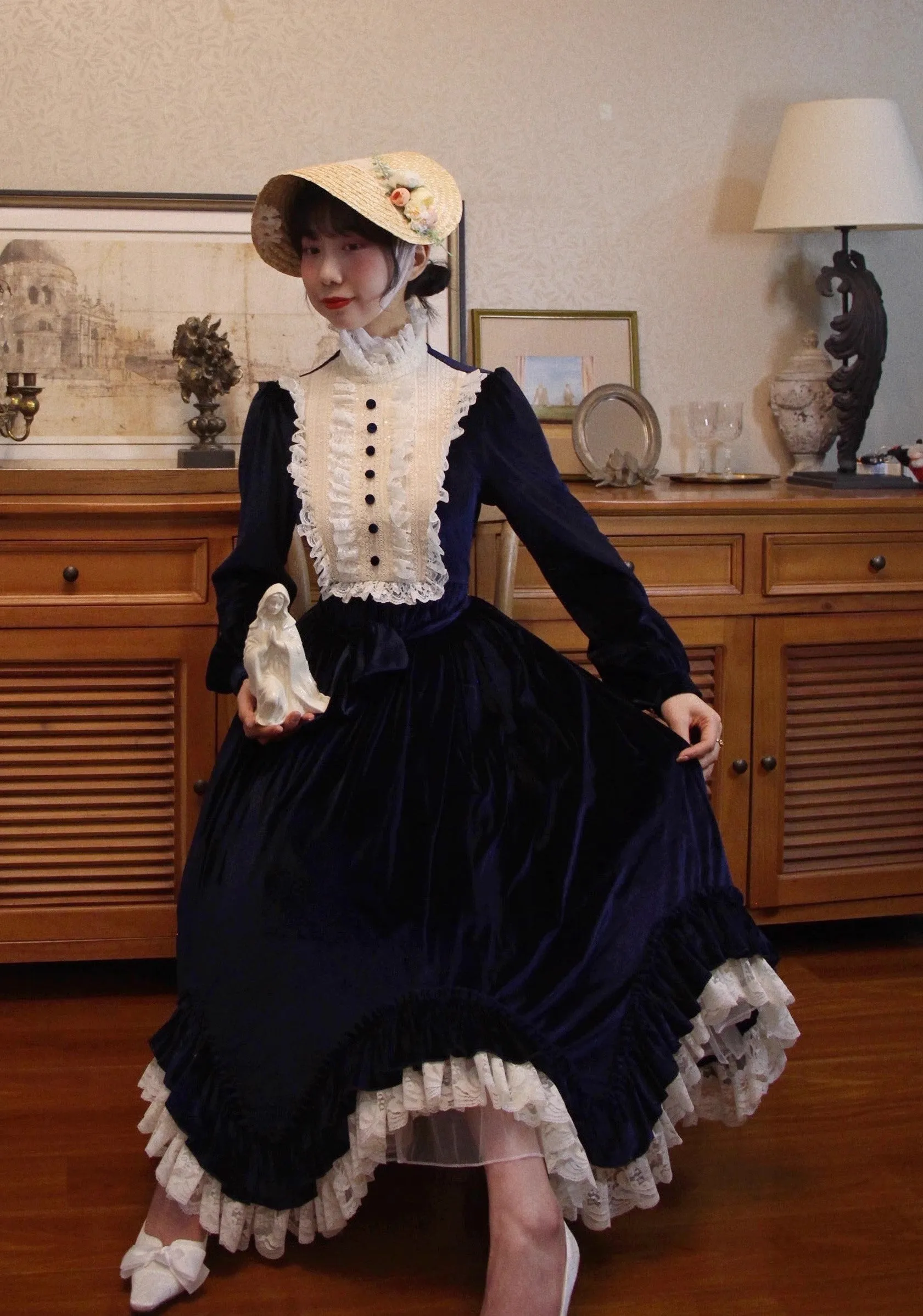 1900s Edwardian Stand Collar Swing Dress