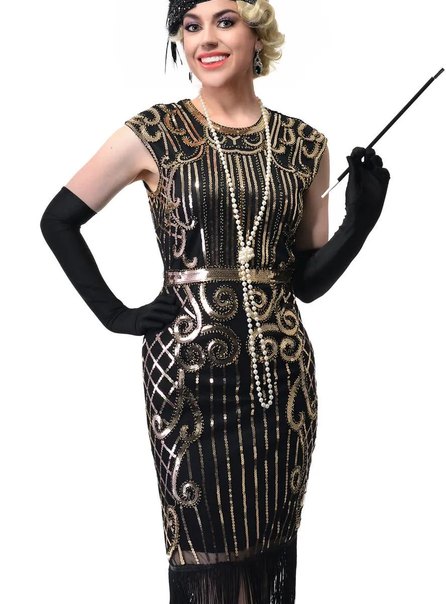 1920s Womens Long Black Flapper Dress with Gold Sequins