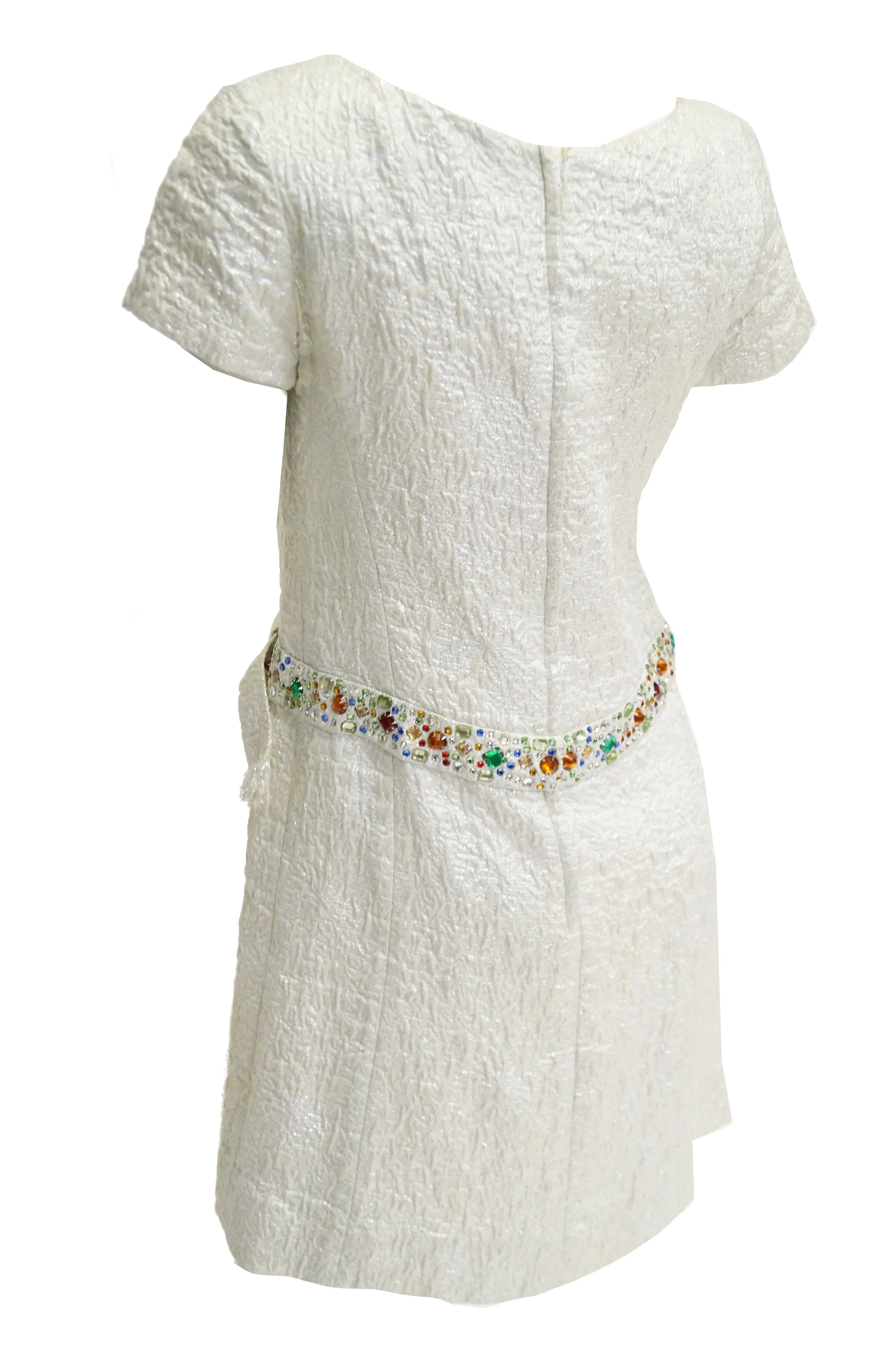 1960s B. Altman Silver Shift Cocktail Dress with Multicolor Rhinestone Belt