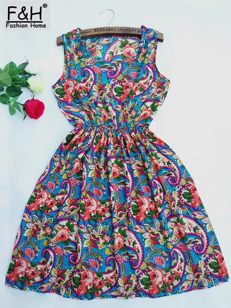 2017 New Women Dress Fashion Cute Love Florals Print Round Neck Sleeveless Chiffon Dress Femininas Saias S M L XL XXL