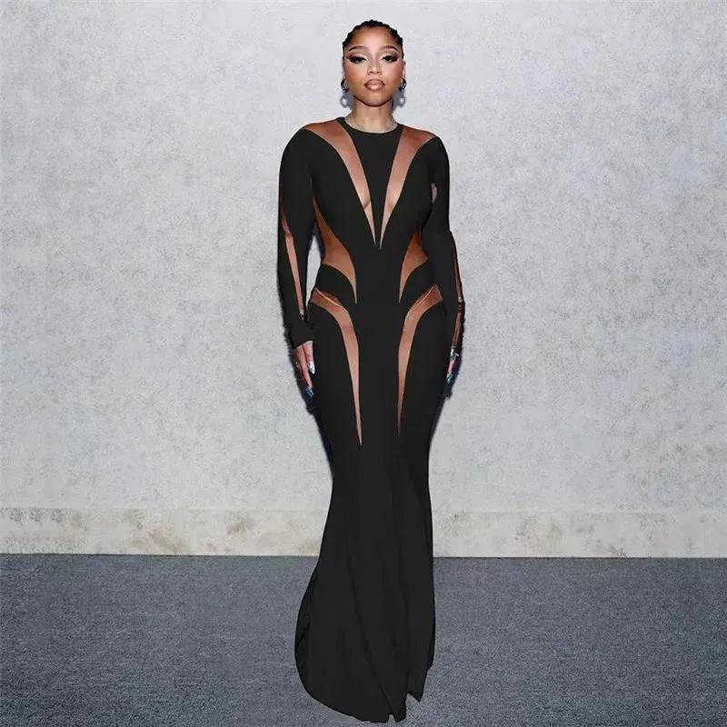 2024 Weird Puss Mesh Patchwork Elegant Long Sleeve O-Neck Maxi Bodycon Dress