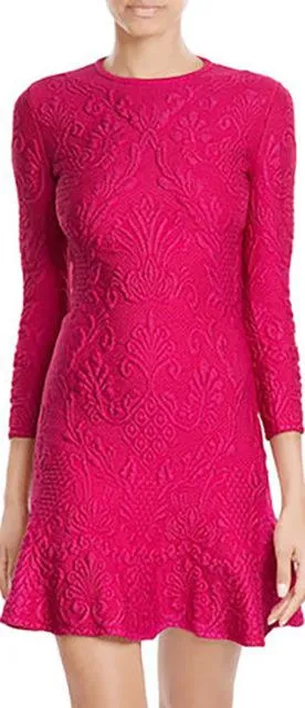 3/4 Sleeve Quilted Flirty-Hem Dress, Shocking Pink