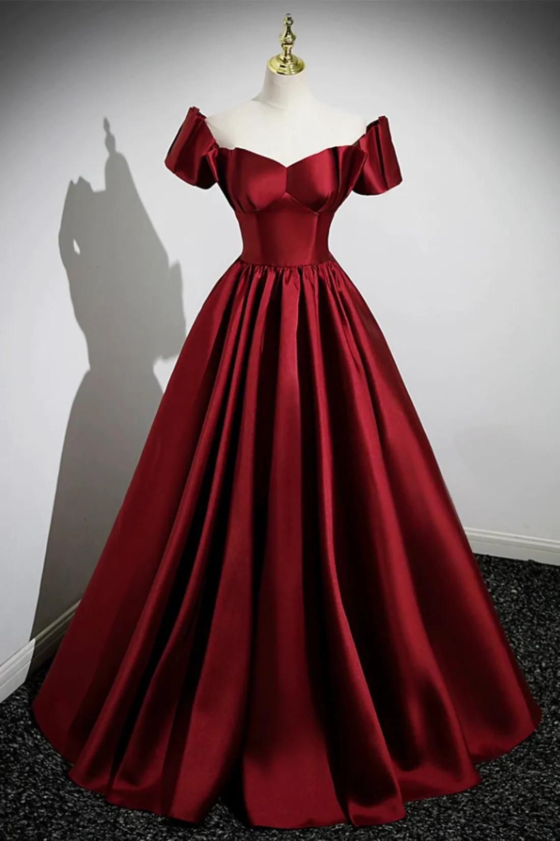 A-Line Burgundy Satin Floor Length Prom Dress, Off the Shoulder New Party Dress