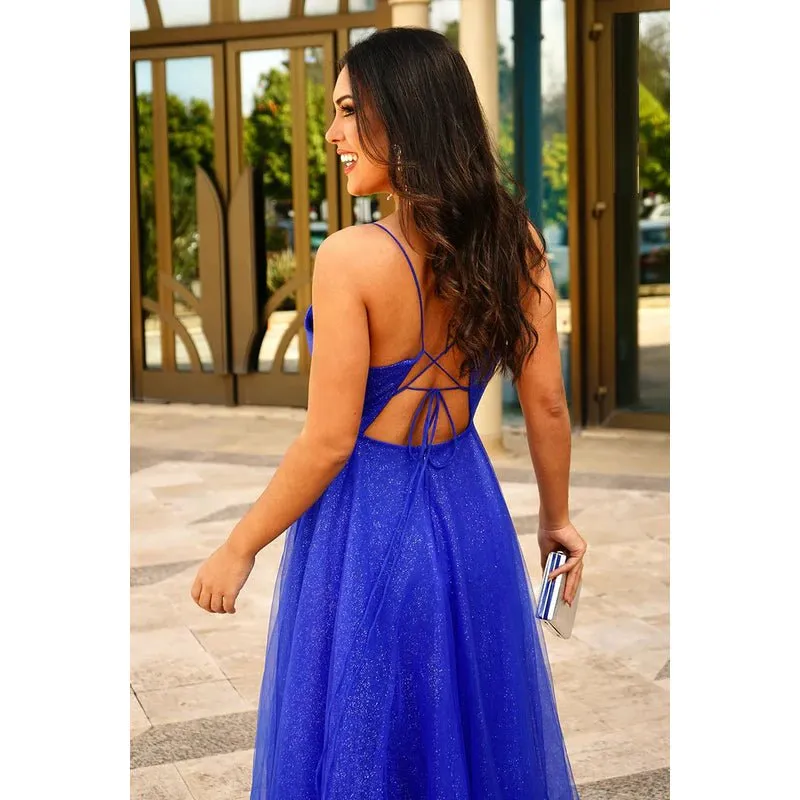 A-Line Elegant & Luxurious V-Neck Criss-Cross Straps Backless Formal Prom Dress