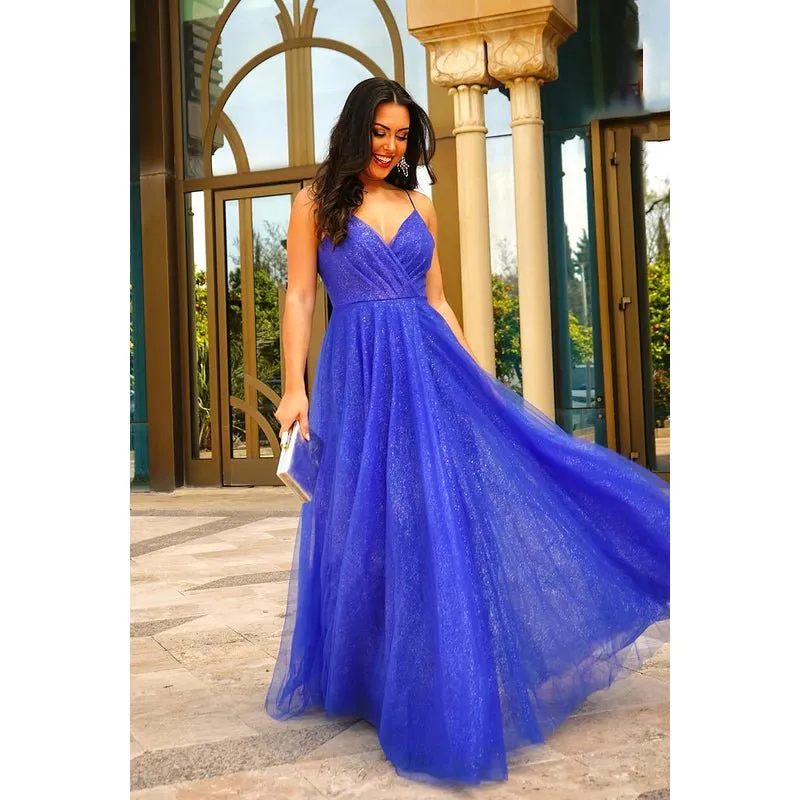 A-Line Elegant & Luxurious V-Neck Criss-Cross Straps Backless Formal Prom Dress