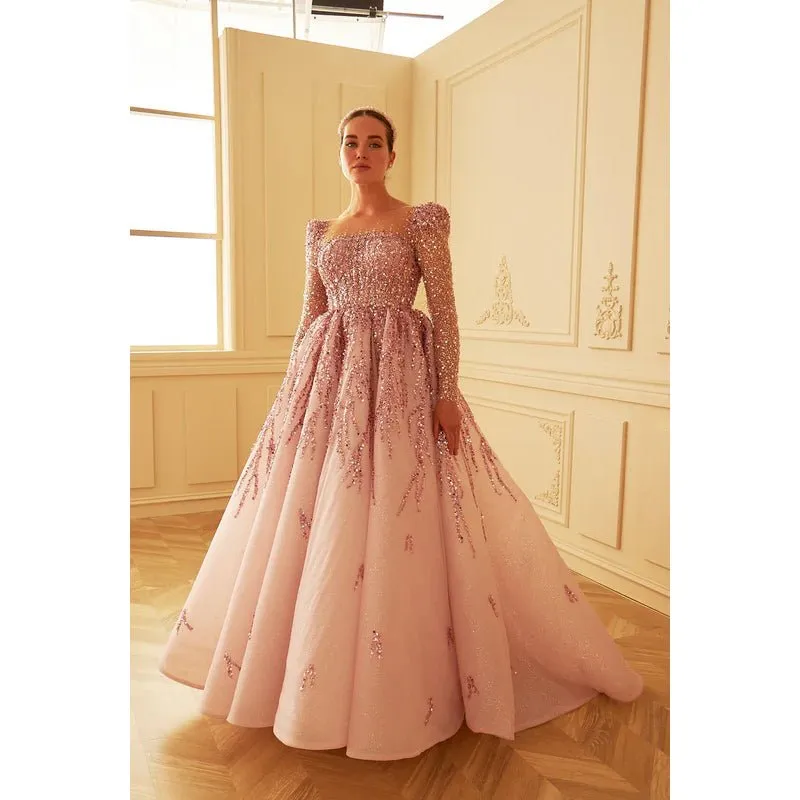 A-Line Square Neck Beaded Long Sleeves Tulle Prom Evening Formal Dress