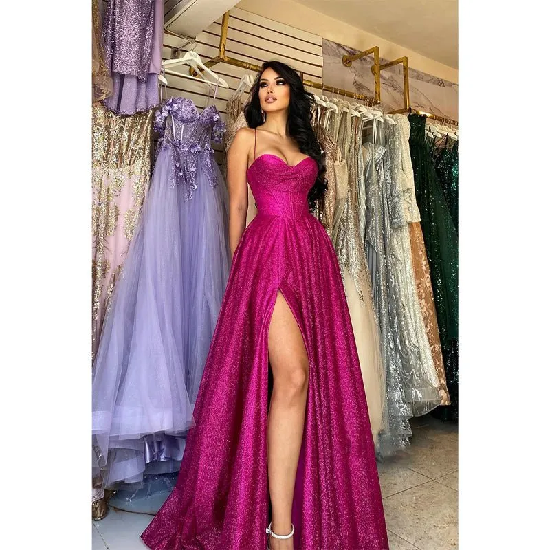 A Line Sweetheart High Split Sparkly Prom Party Dress with Slit