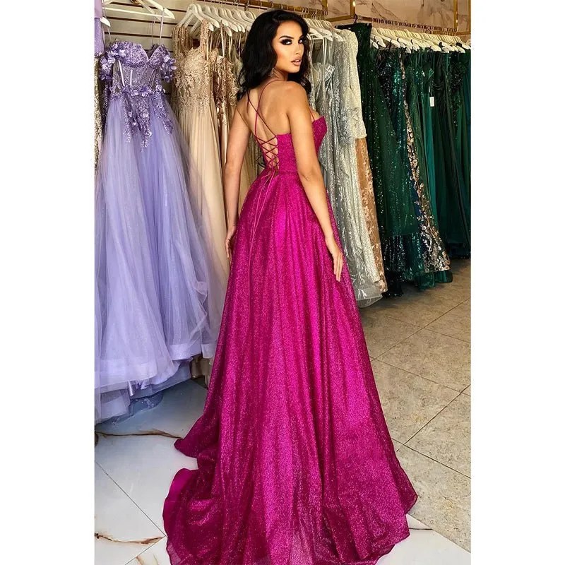 A Line Sweetheart High Split Sparkly Prom Party Dress with Slit