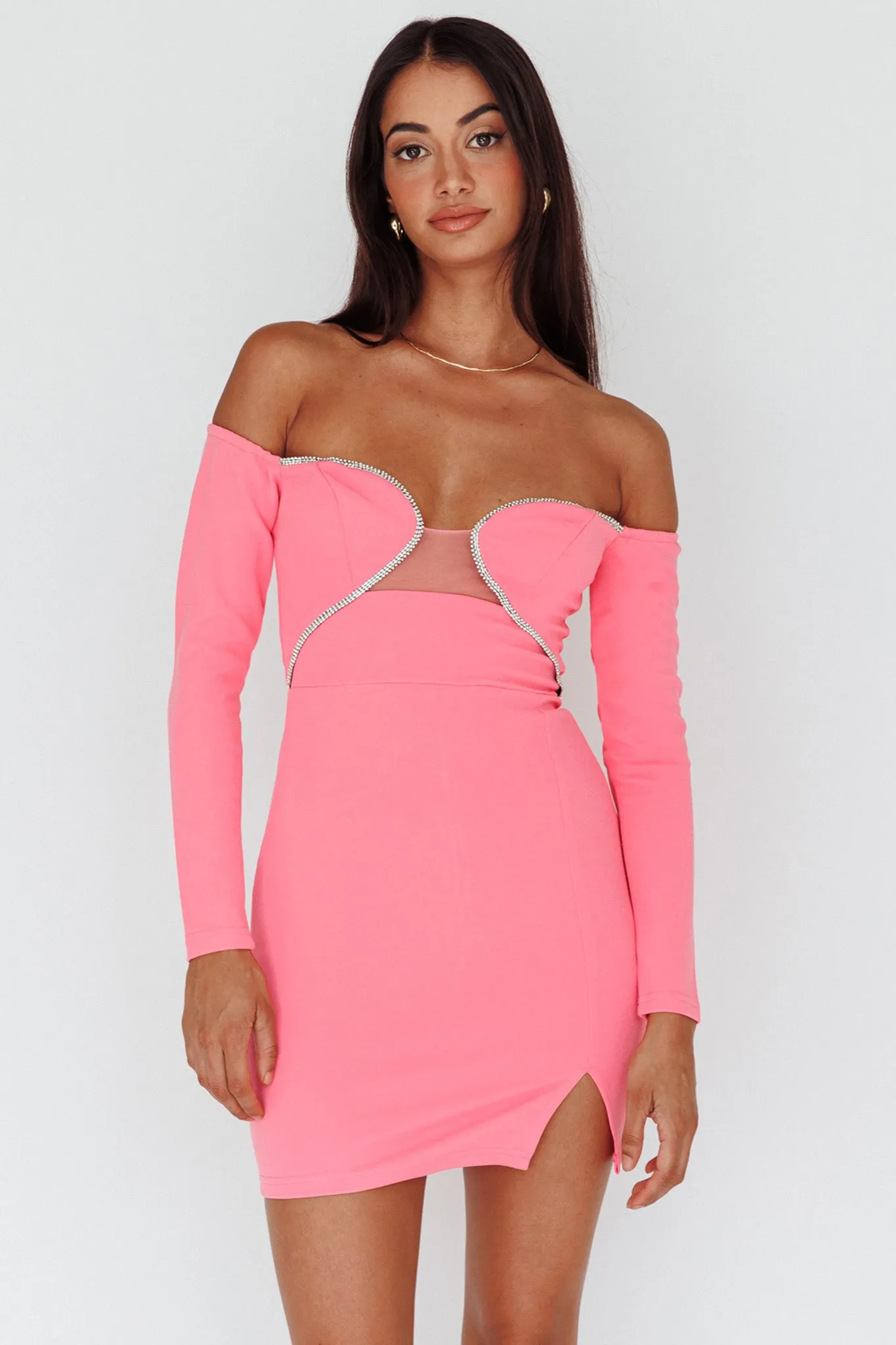 A-List Diamante Trim Long Sleeve Mini Dress Hot Pink