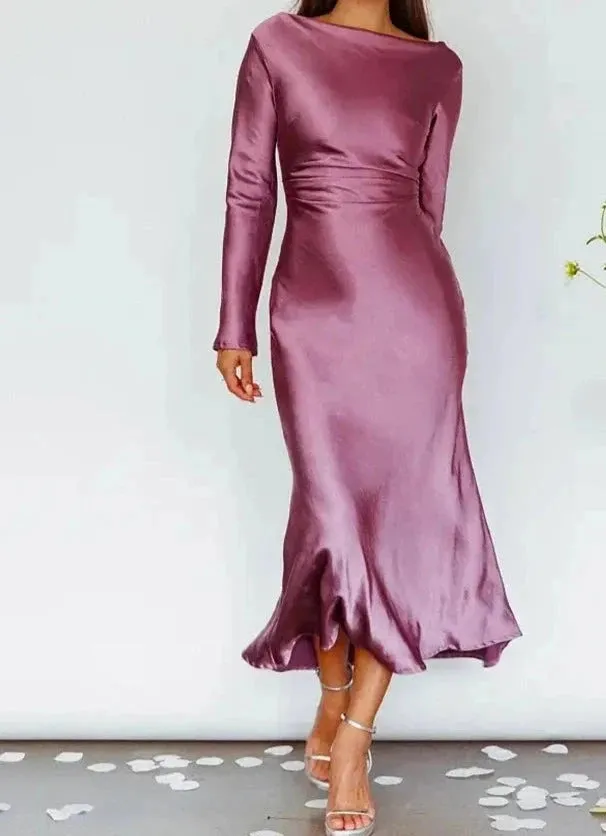 A&A Bodycon Long Sleeve Satin Maxi Dress