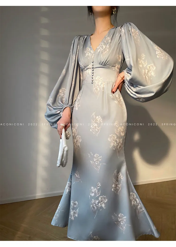 Aconiconi｜kite white French elegant v-neck mid-length fishtail dress -Qingshan