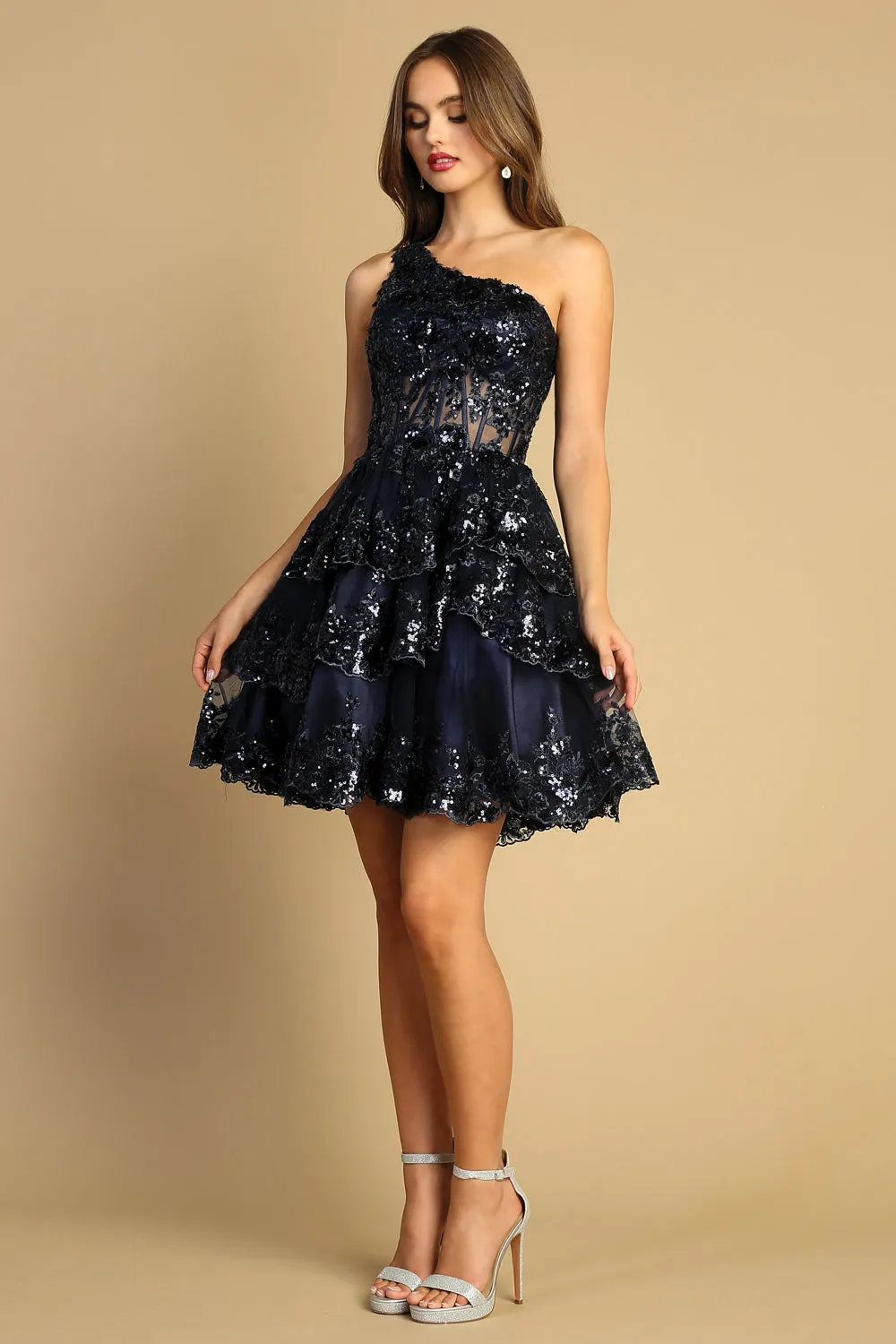 AD 1044 - One Shoulder A-Line Homecoming Dress with Sheer Sequin Embellished Boned Corset Top & Layered Skirt