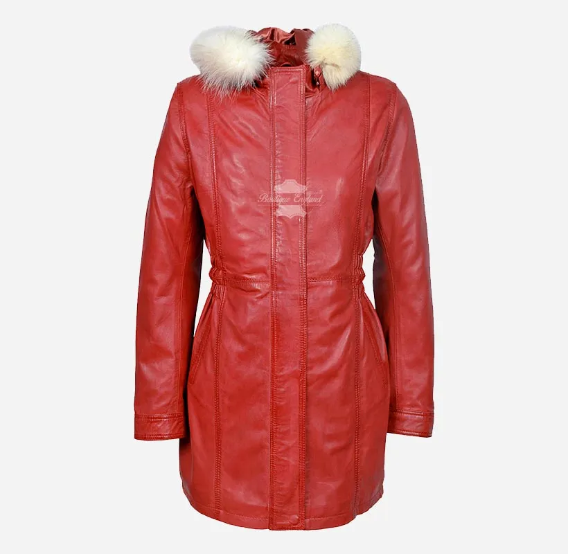 ALICE Women Hooded Parka Coat Hooded Long Leather Jacket