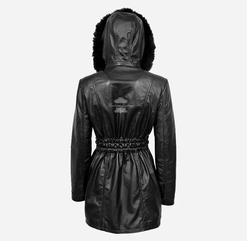 ALICE Women Hooded Parka Coat Hooded Long Leather Jacket