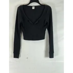 ARITZIA TNA Women's Black Long Sleeve Waffle Knit Split-Neck Cropped Top SZ S