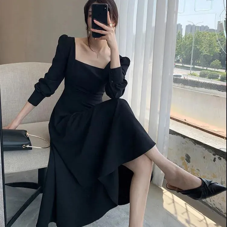 ARWEN&AJH GROUP مجموعة أروين 2024 French THepburn Style Small Black Dress Women's 2023 Spring And Autumn New Retro Square Neck Long Over-the-Knee Black Elegant Dress Long Dress