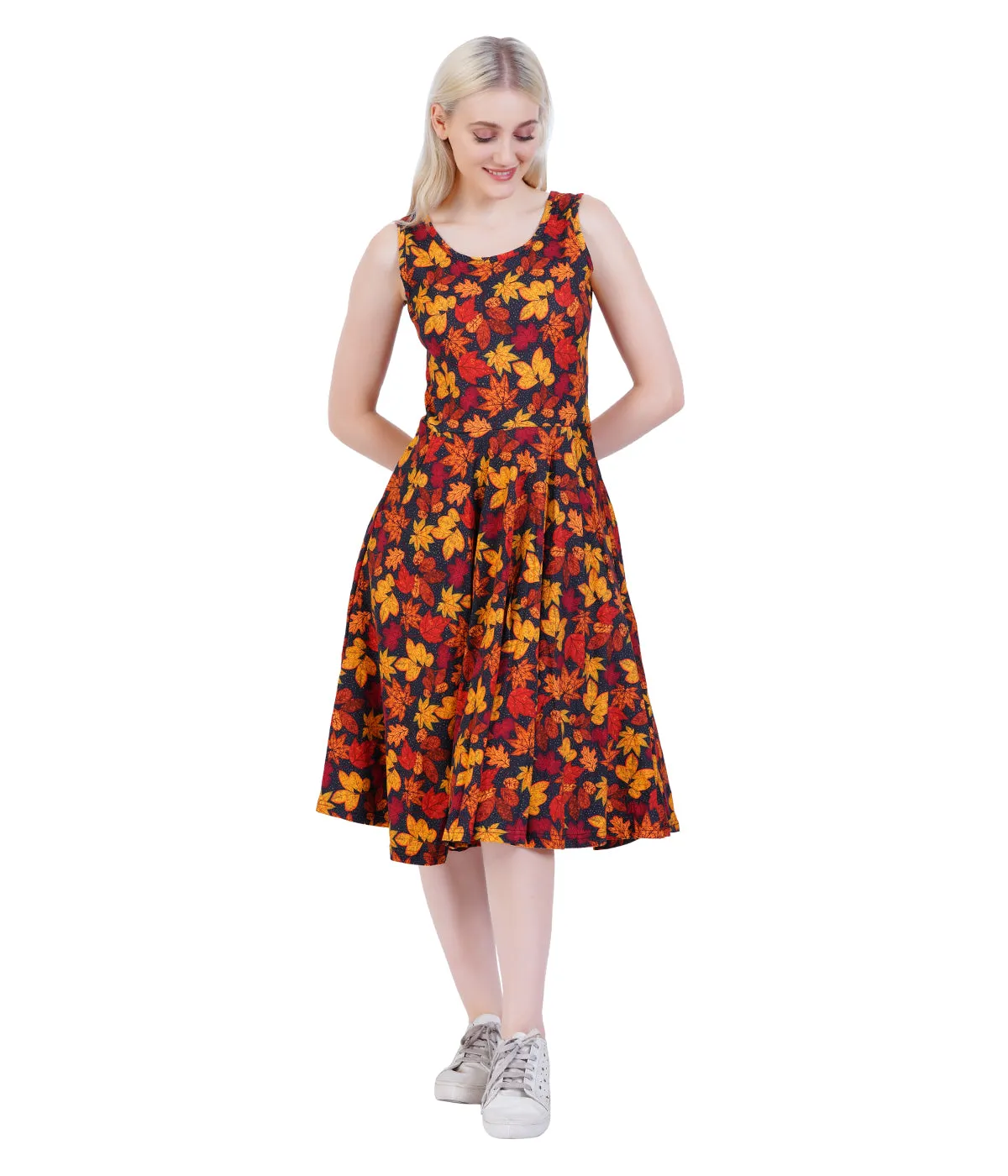 Autumn Leaves Sleeveless Twirl Dress