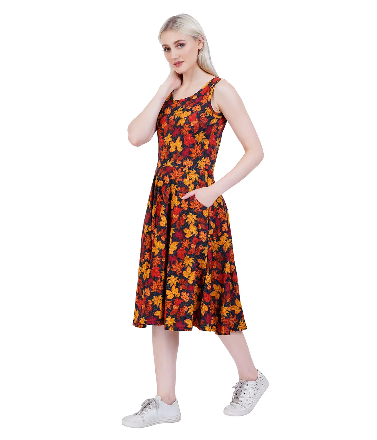 Autumn Leaves Sleeveless Twirl Dress