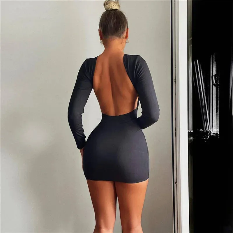 Backless Nightclub Party Slim Bodycon Autumn Winter Mini Dress