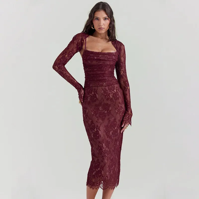 Bandage Bodycon Lace Spaghetti Strap Autumn Winter Nightclub Sexy Midi Dress