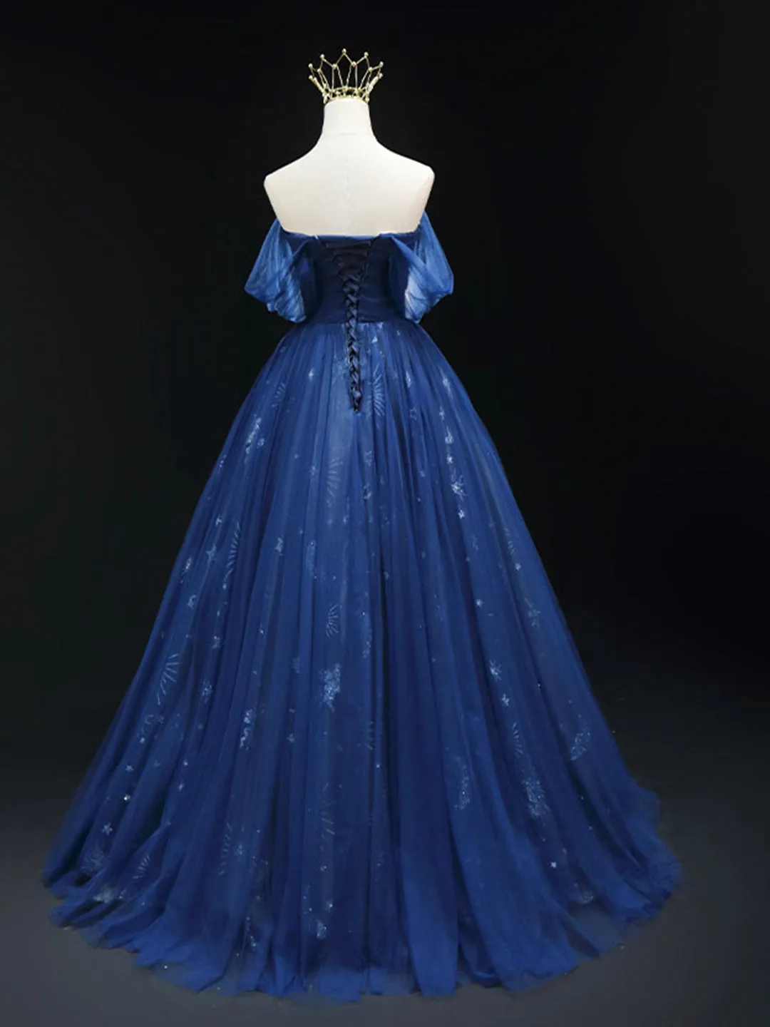 Beautiful Blue Tulle Floor Length Prom Dress, A-Line Off the Shoulder Princess Dress Evening Dress