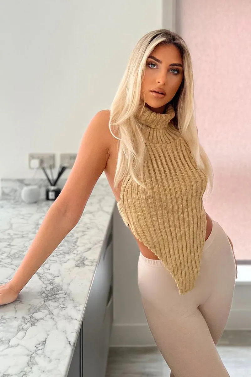 Beige Knit Turtle Neck Asymmetric Crop Top - Tatum