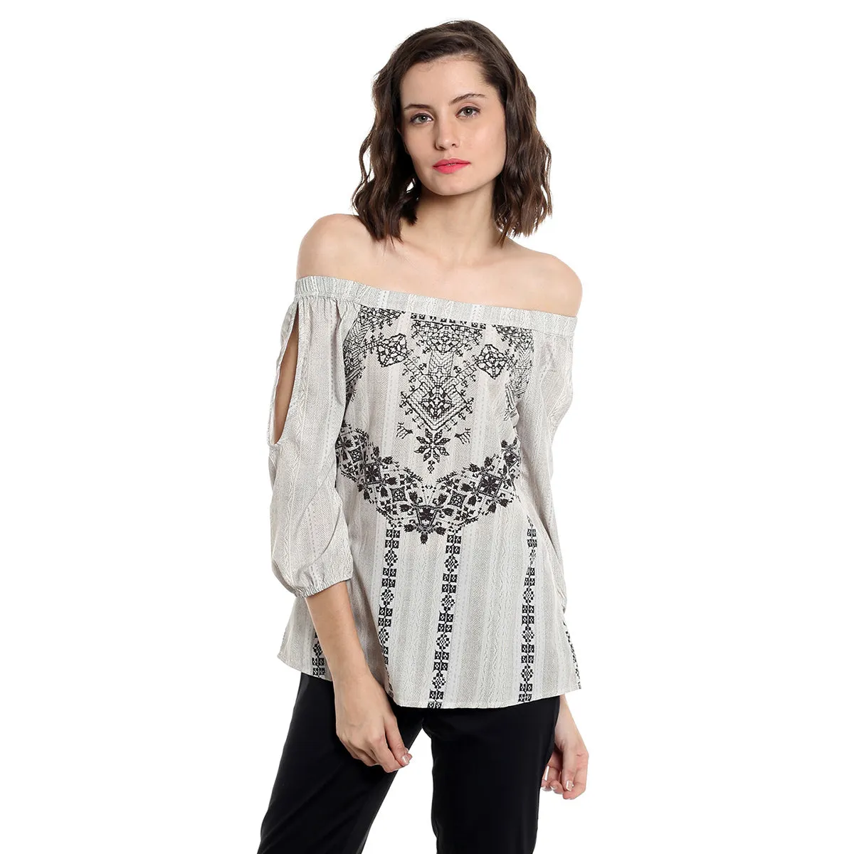 Beige Off Shoulder Embroidered Top