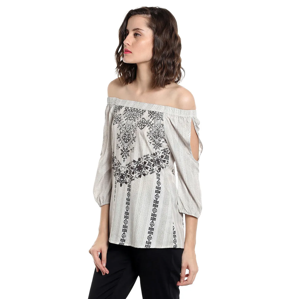 Beige Off Shoulder Embroidered Top