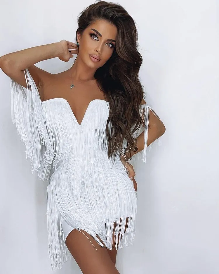 BerriesJam - 2024 Tassel Bandage V Neck Off Shoulder Bodycon