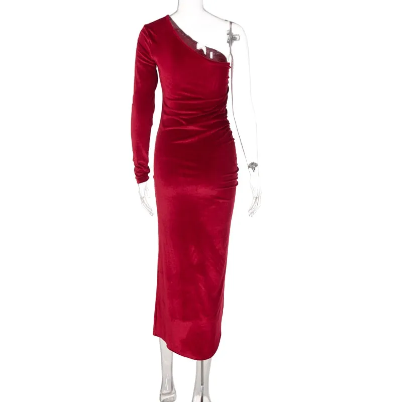 BerriesJam - Long Sleeve Party Velvet Bodycon Split Pencil Midi Dress