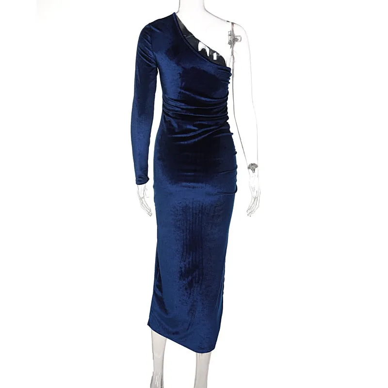 BerriesJam - Long Sleeve Party Velvet Bodycon Split Pencil Midi Dress