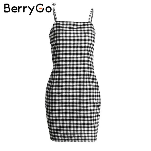 BerryGo Causal plaid sleeveless bodycon summer dress Women sexy black short dress robe Vintage zipper beach black dress vestidos