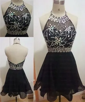 Black Bead Top Chiffon Short Halter Neck Homecoming Dress for Teens