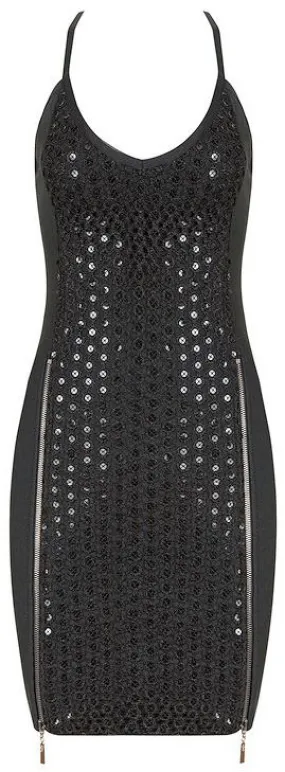 Black Sequin Zip Bodycon Mini Dress