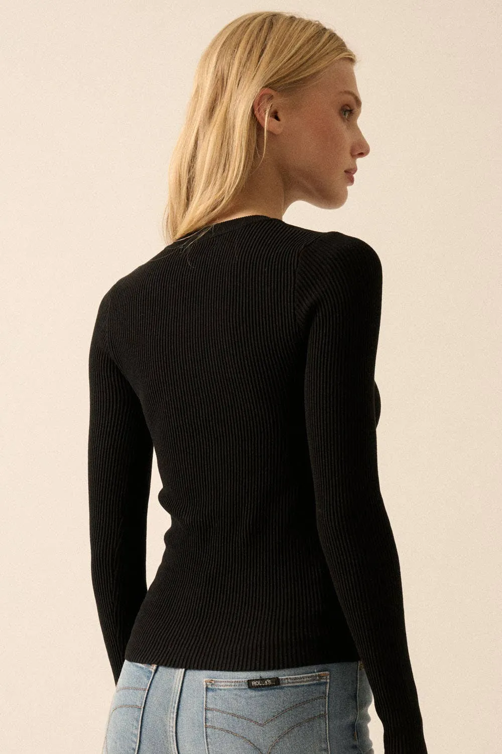 Black Shaper Fit Solid Rib-Knit Top