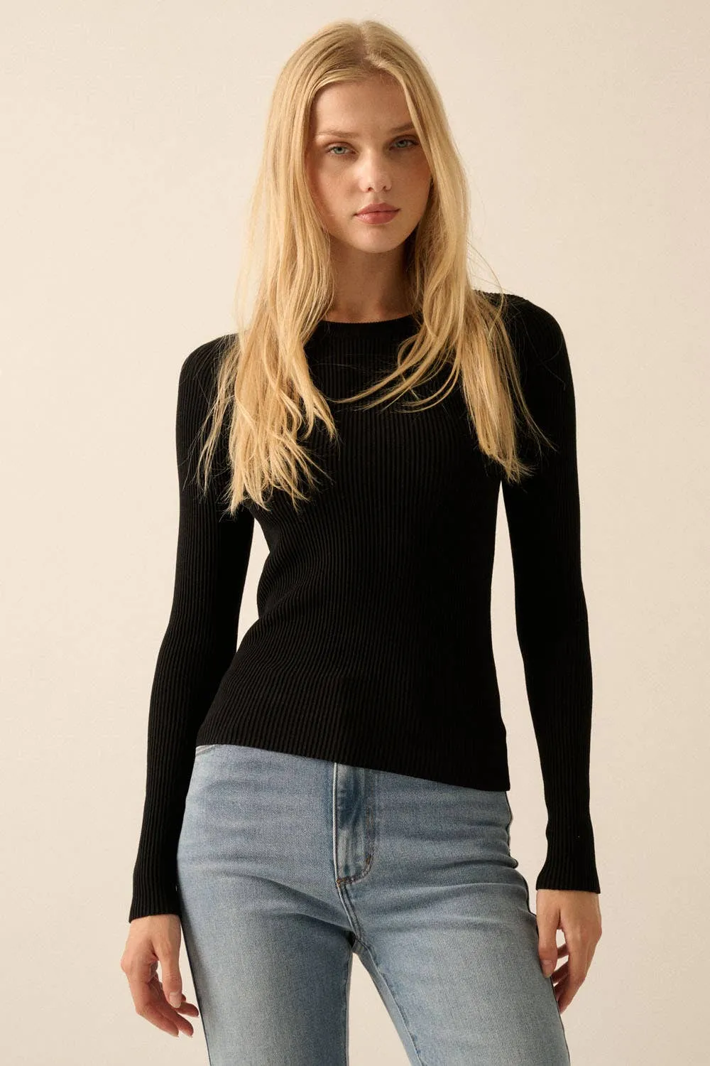 Black Shaper Fit Solid Rib-Knit Top