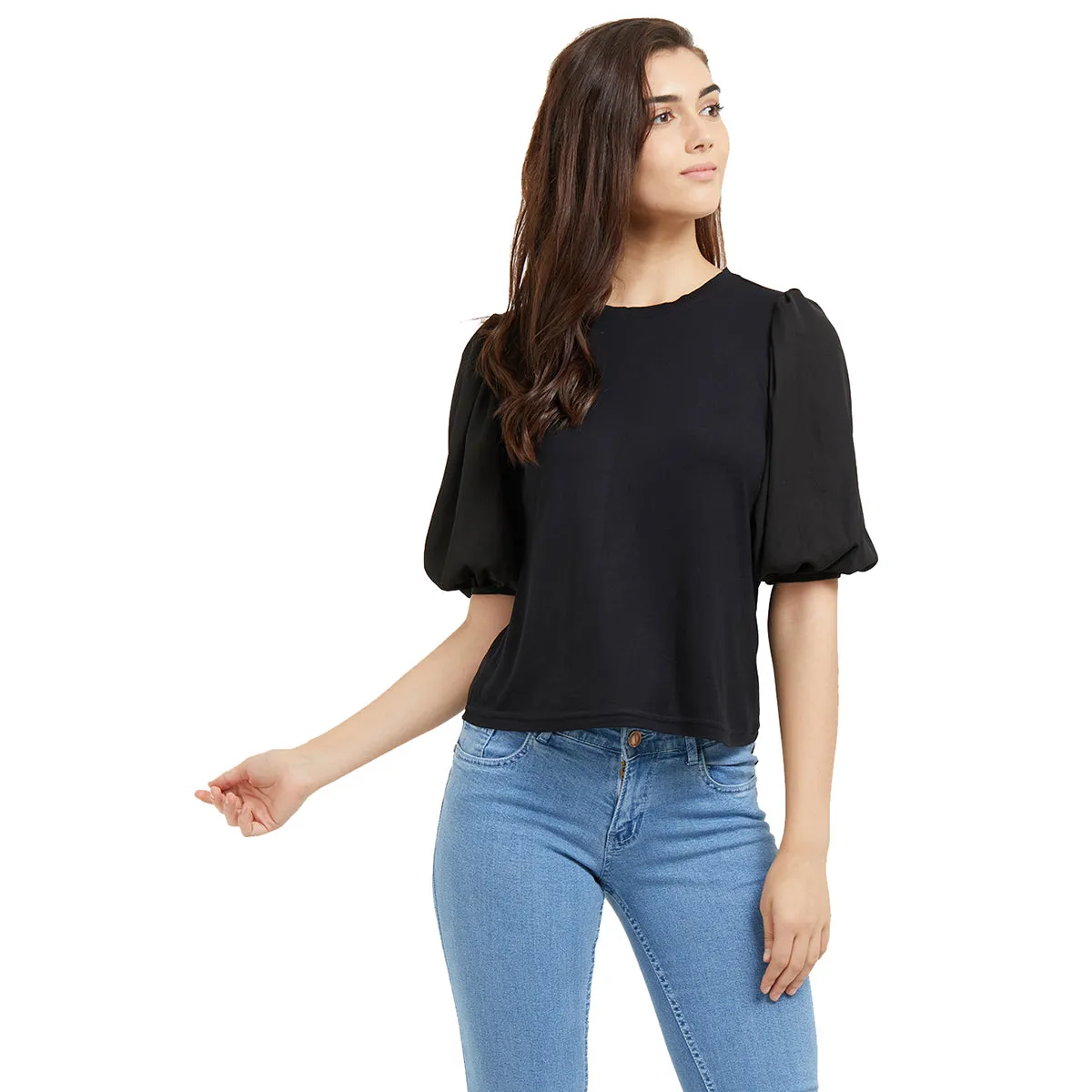 Black Solid Woven Top with Balloon Sleeves