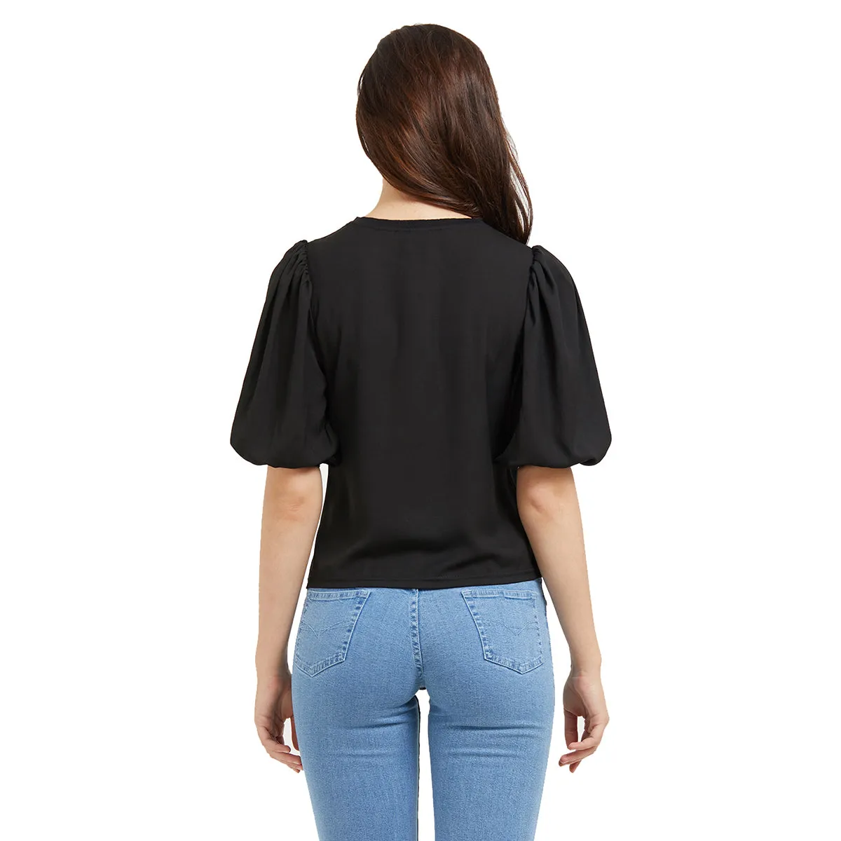 Black Solid Woven Top with Balloon Sleeves