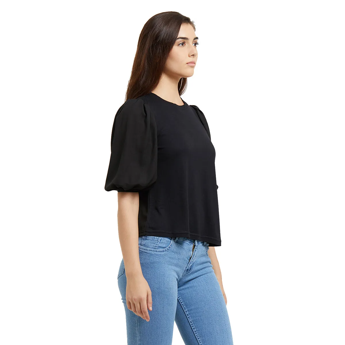 Black Solid Woven Top with Balloon Sleeves