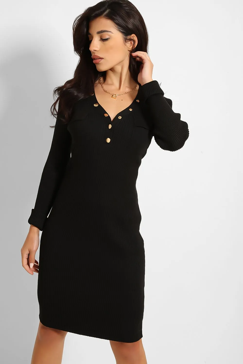 BLACK V-NECK POPPER BUTTON KNITTED BODYCON DRESS