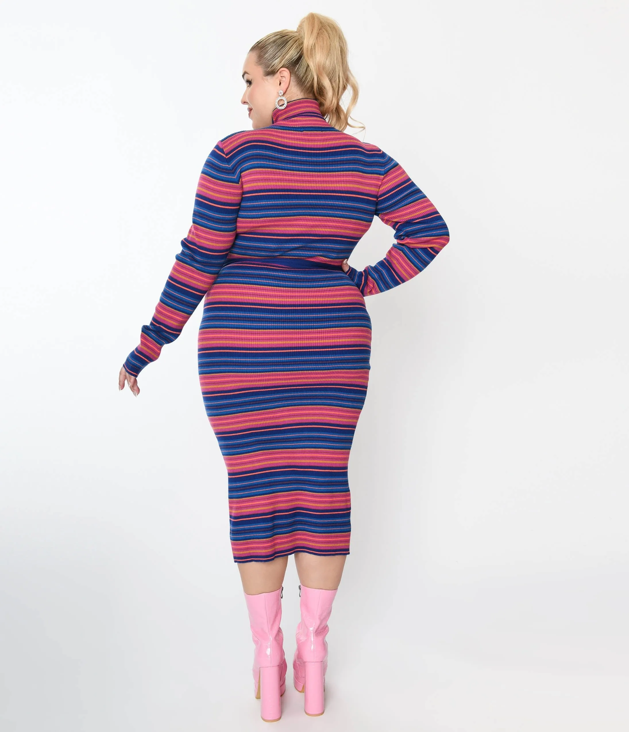 Blue & Fuchsia Striped Midi Bodycon Dress