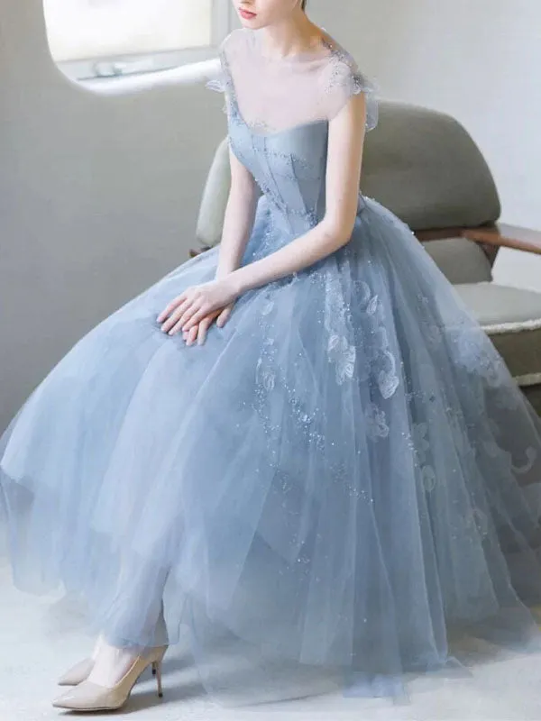 Blue round neck tulle lace short prom dress, blue homecoming dress