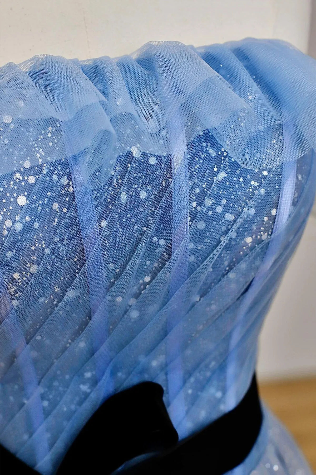 Blue Sparkly Tulle Floor Length Prom Dress, A-Line Strapless Evening Party Dress