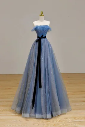 Blue Sparkly Tulle Floor Length Prom Dress, A-Line Strapless Evening Party Dress