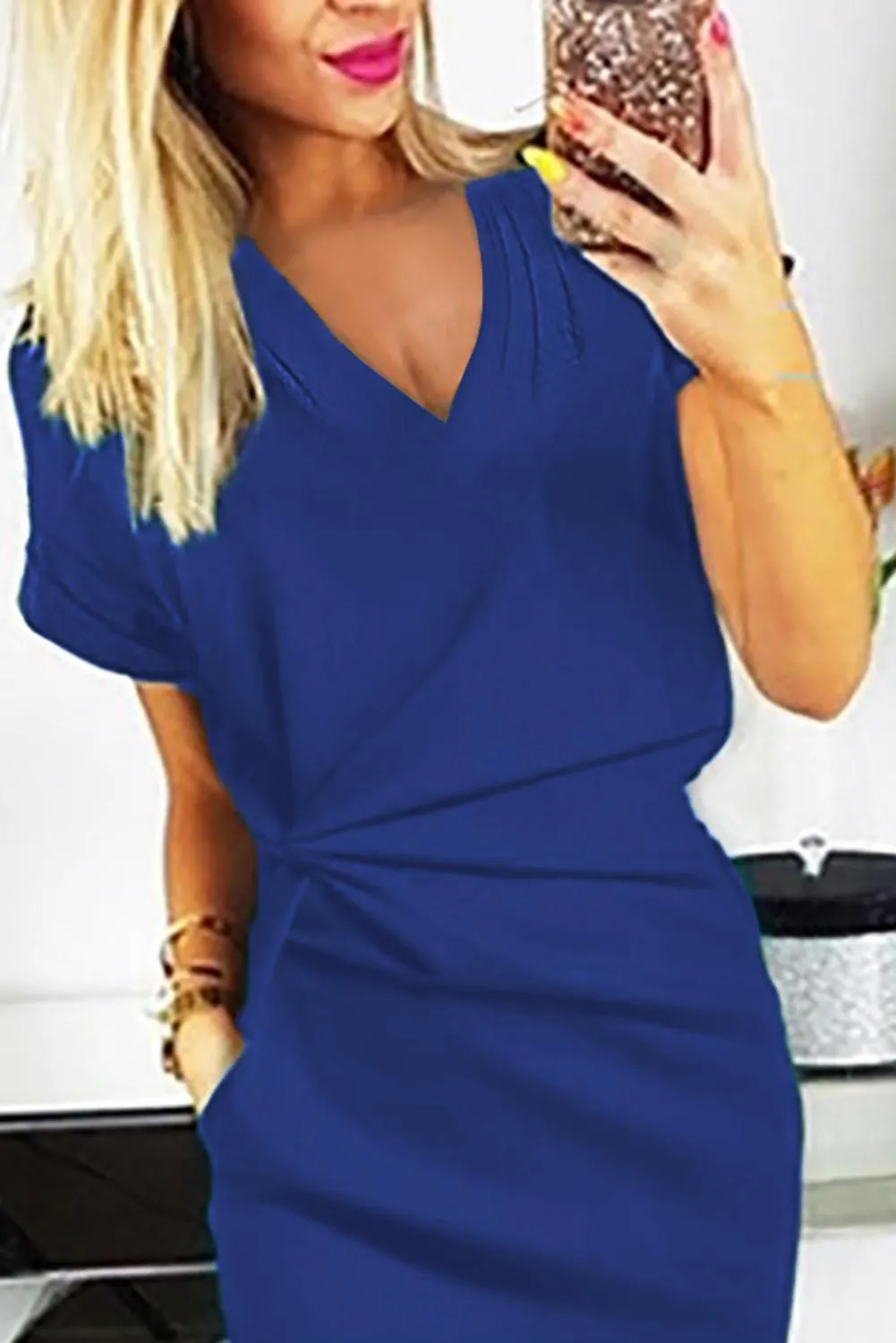 Blue V Neck Short Sleeve Pleat Midi Office Dress