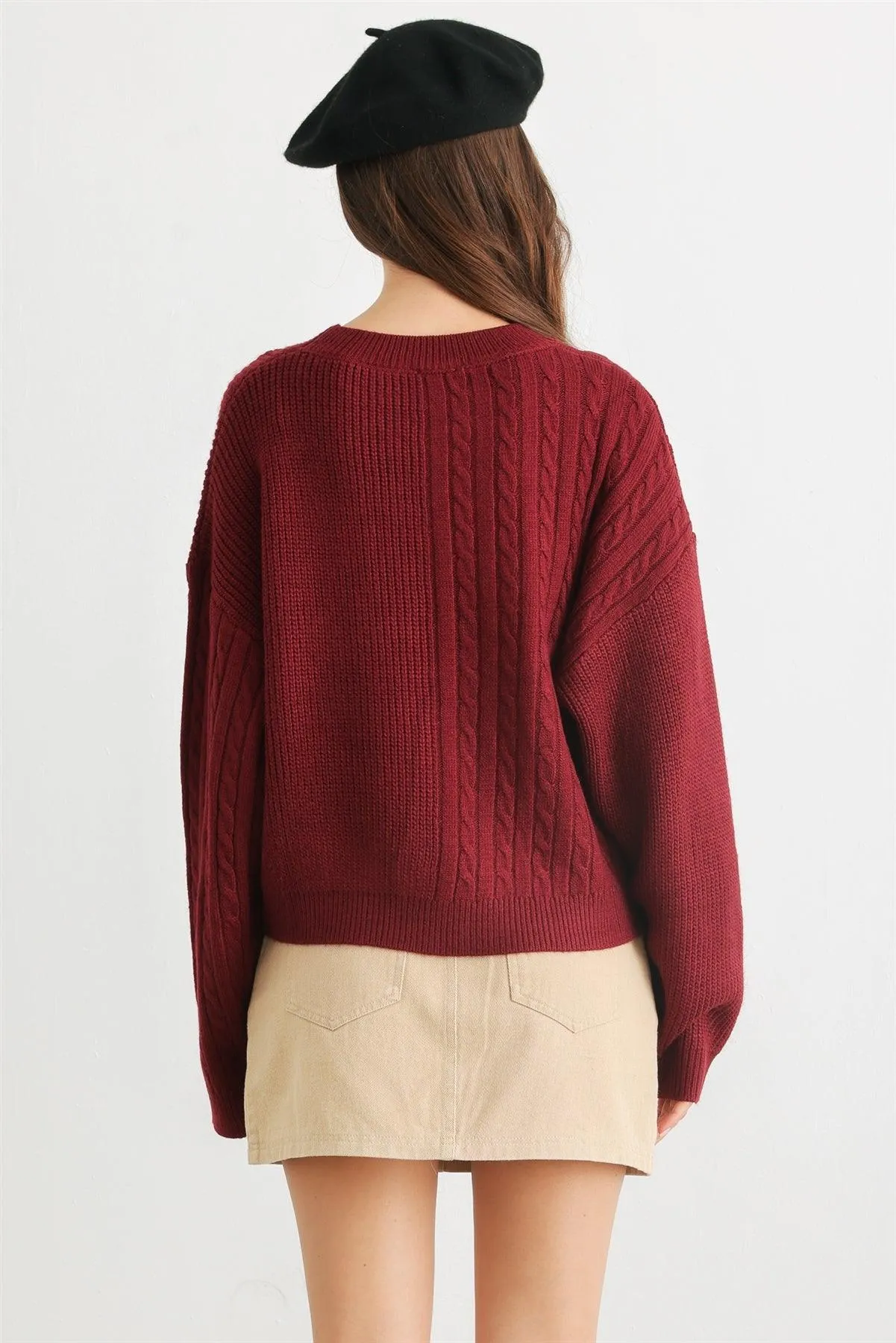 Burgundy Cable Knit Crew Neck Long Sleeve Sweater /1-2-2-1