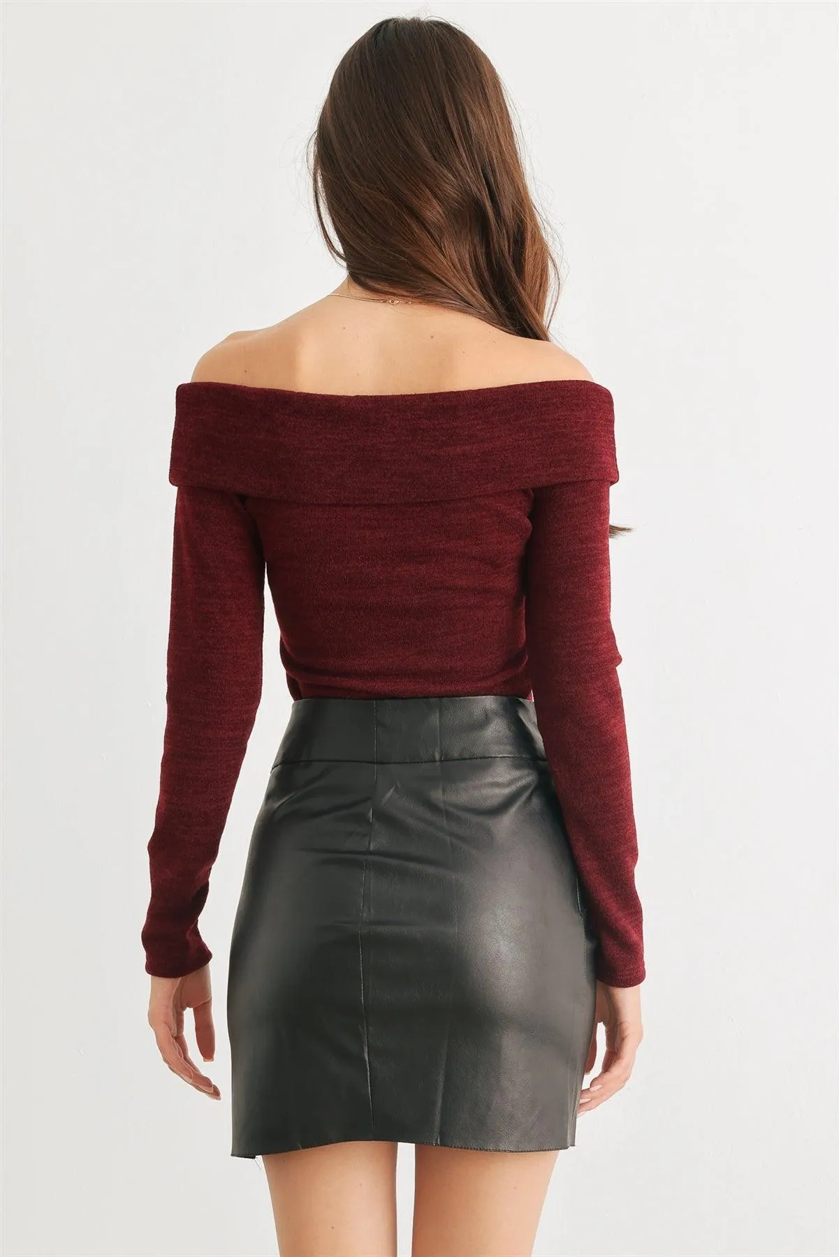 Burgundy Knit Criss-Cross Off-The-Shoulder Long Sleeve Top /2-2-2