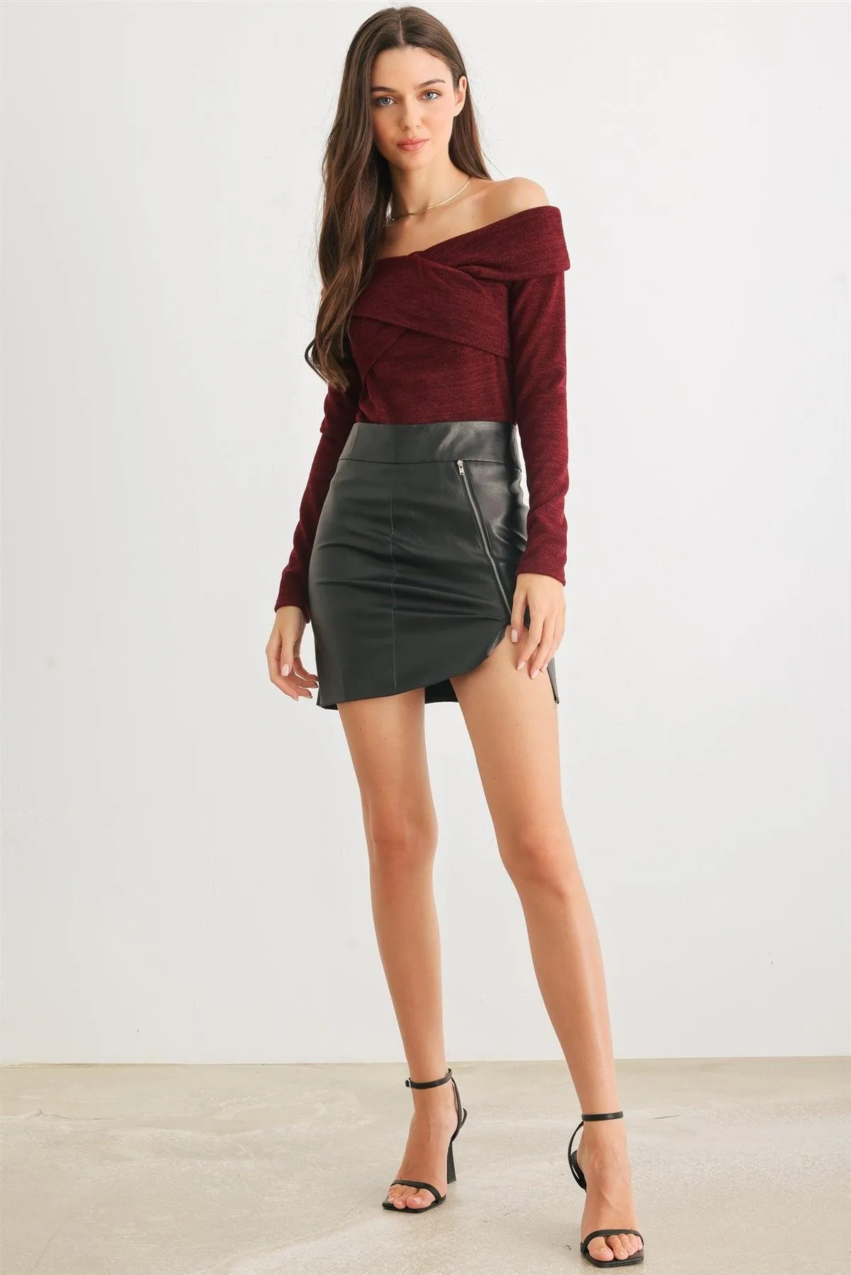 Burgundy Knit Criss-Cross Off-The-Shoulder Long Sleeve Top /2-2-2