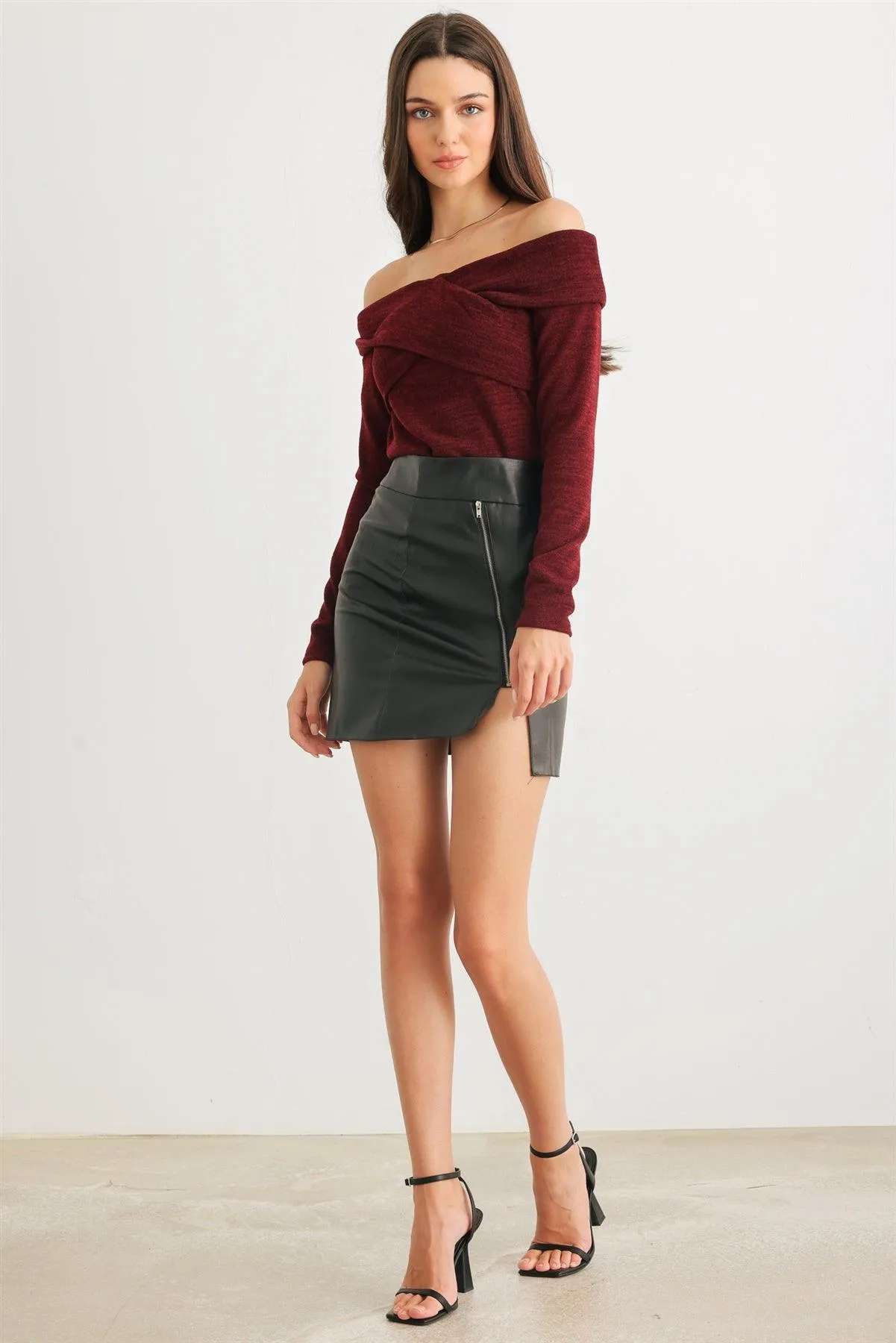 Burgundy Knit Criss-Cross Off-The-Shoulder Long Sleeve Top /2-2-2