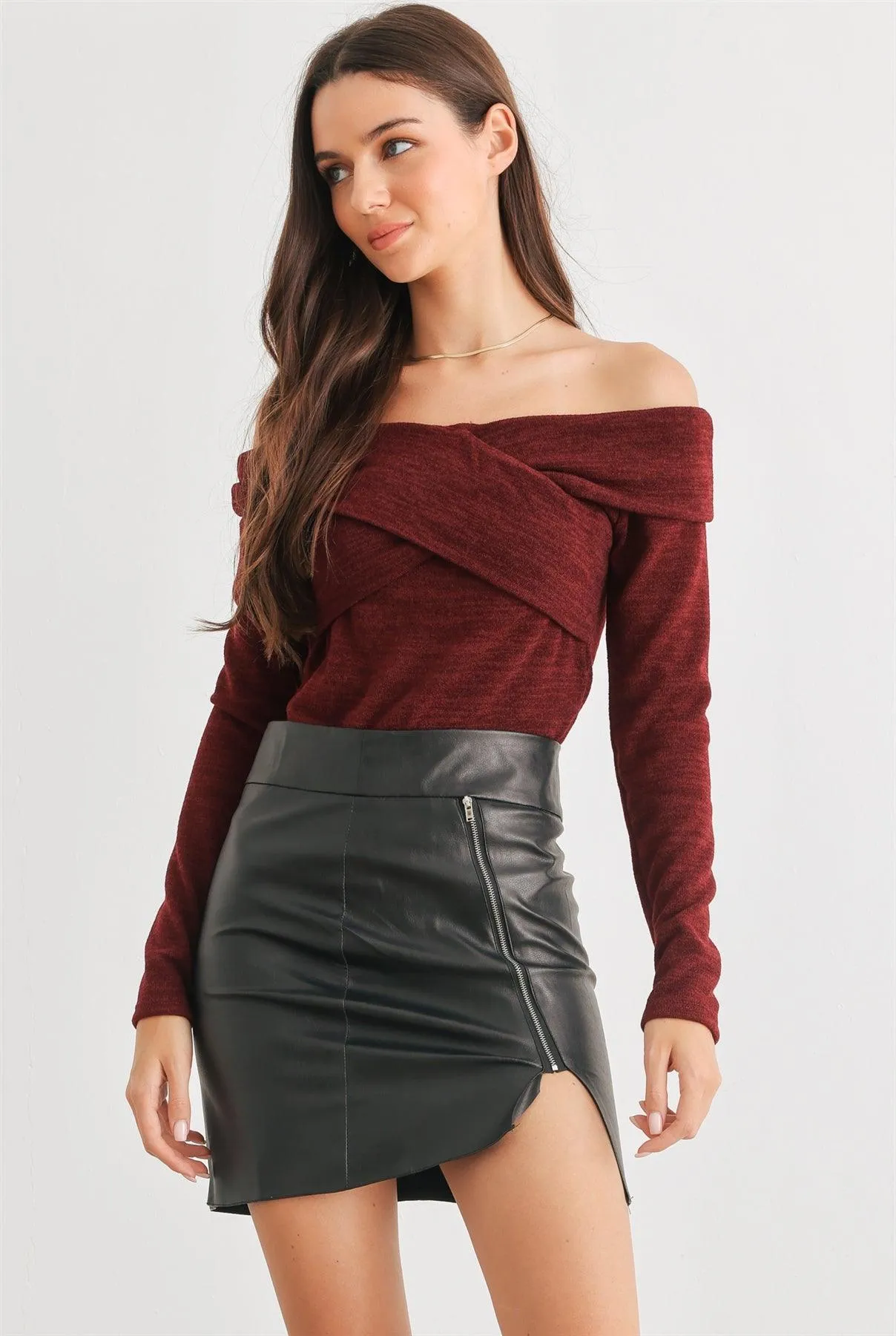 Burgundy Knit Criss-Cross Off-The-Shoulder Long Sleeve Top /2-2-2